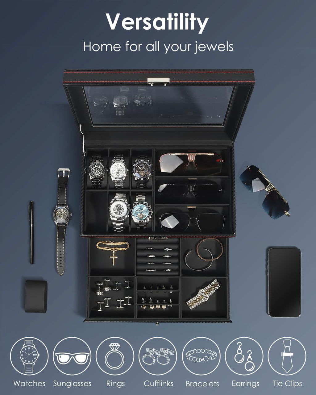 Watch Jewelry Box Organizer, 6-Slot 2-Layer Watch Case and Sunglasses Storage with Large Glass Lid, Men's Jewelry Box