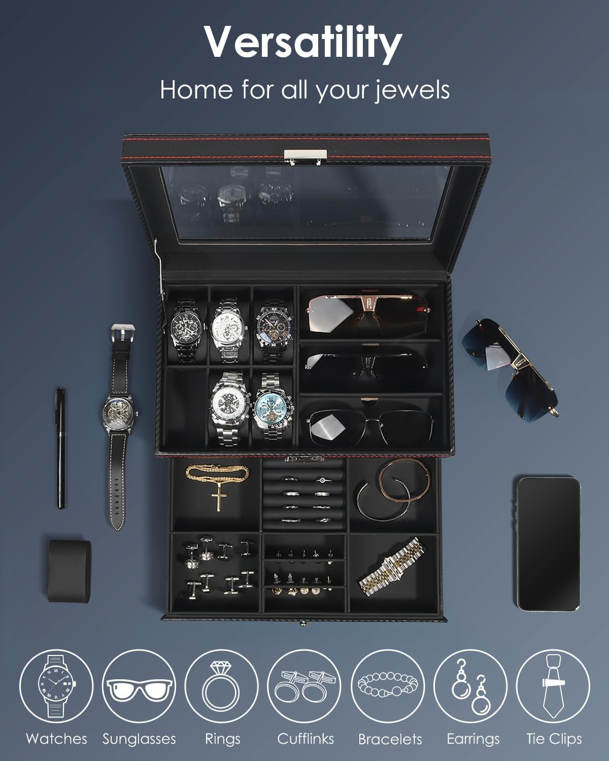 Watch Jewelry Box Organizer, 6-Slot 2-Layer Watch Case and Sunglasses Storage with Large Glass Lid, Men's Jewelry Box