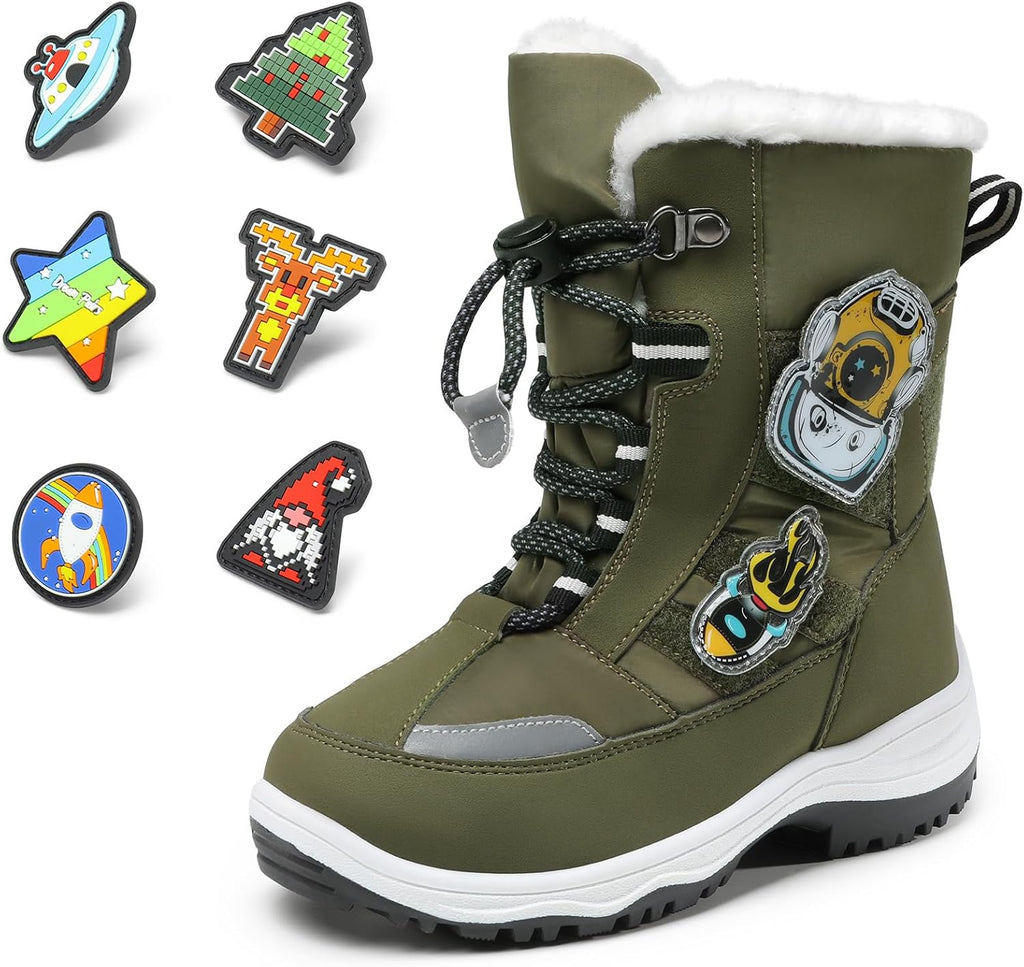 Boys Toddler Snow Boots Interchangeable Accessories Slip Resistant Faux Fur Lined Mid Calf Little Kids Winter Shoes