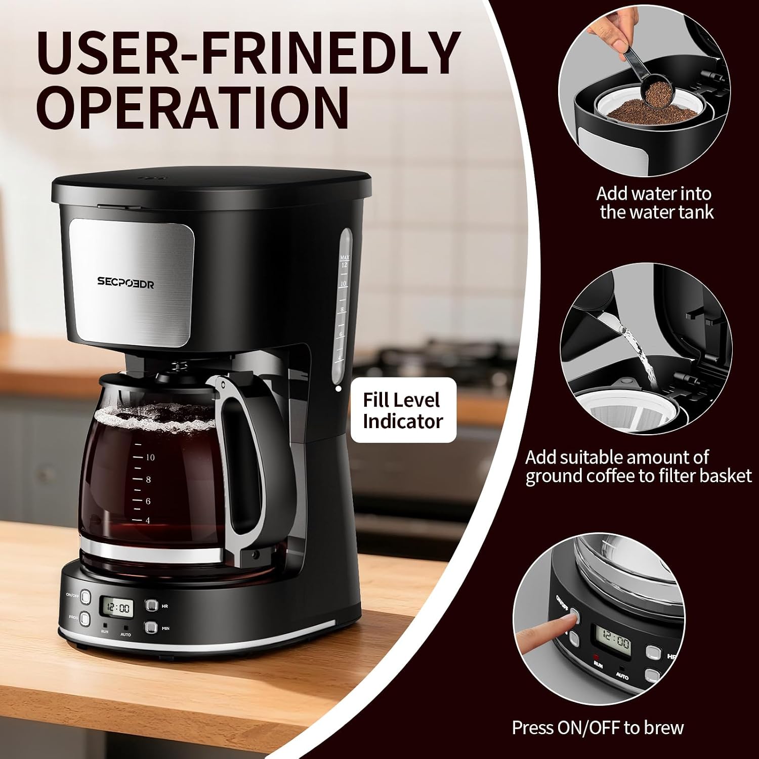 12 Cup Programmable Drip Coffee Maker, Auto Brew Coffee Machine | Keep Warm Plate,Removable Filter Basket,Auto