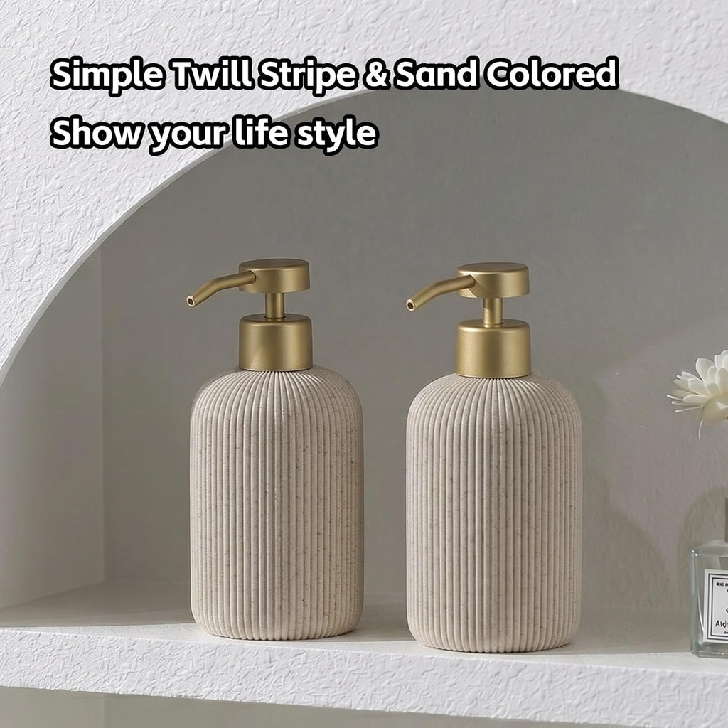 Soap Dispenser14.2OZ, 2PCS Luxurious Stripe,Beige, Gold Pump | Modern,Hand Dish Soap Dispenser Set, Refillable Lotion