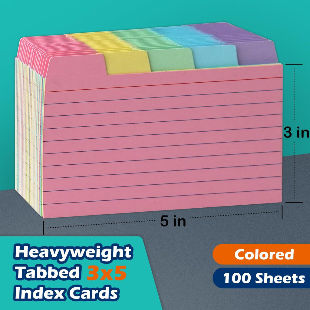 3x5 Tabbed Index Card Dividers with Tabs Blank, Colored, 100 Pack | 3 x 5 Inch, Lined, 220 GSM Thick Paper, Alphabet
