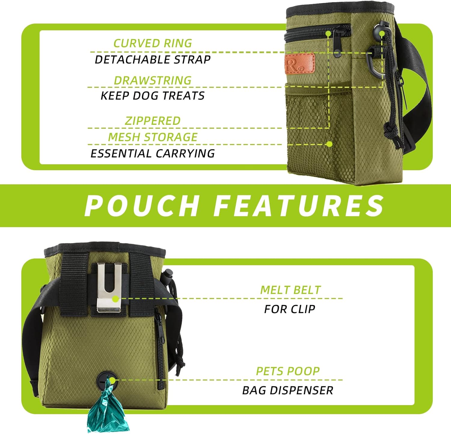 Dog Treat Training Pouch Easily Carries Pet Toys Kibble, Treats Built-in Poop Bag Dispenser 3 Ways to Wear Comes with