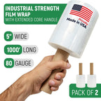 5" x 1000' Industrial Strength Stretch Wrap with Extended Handle, Pack of 2