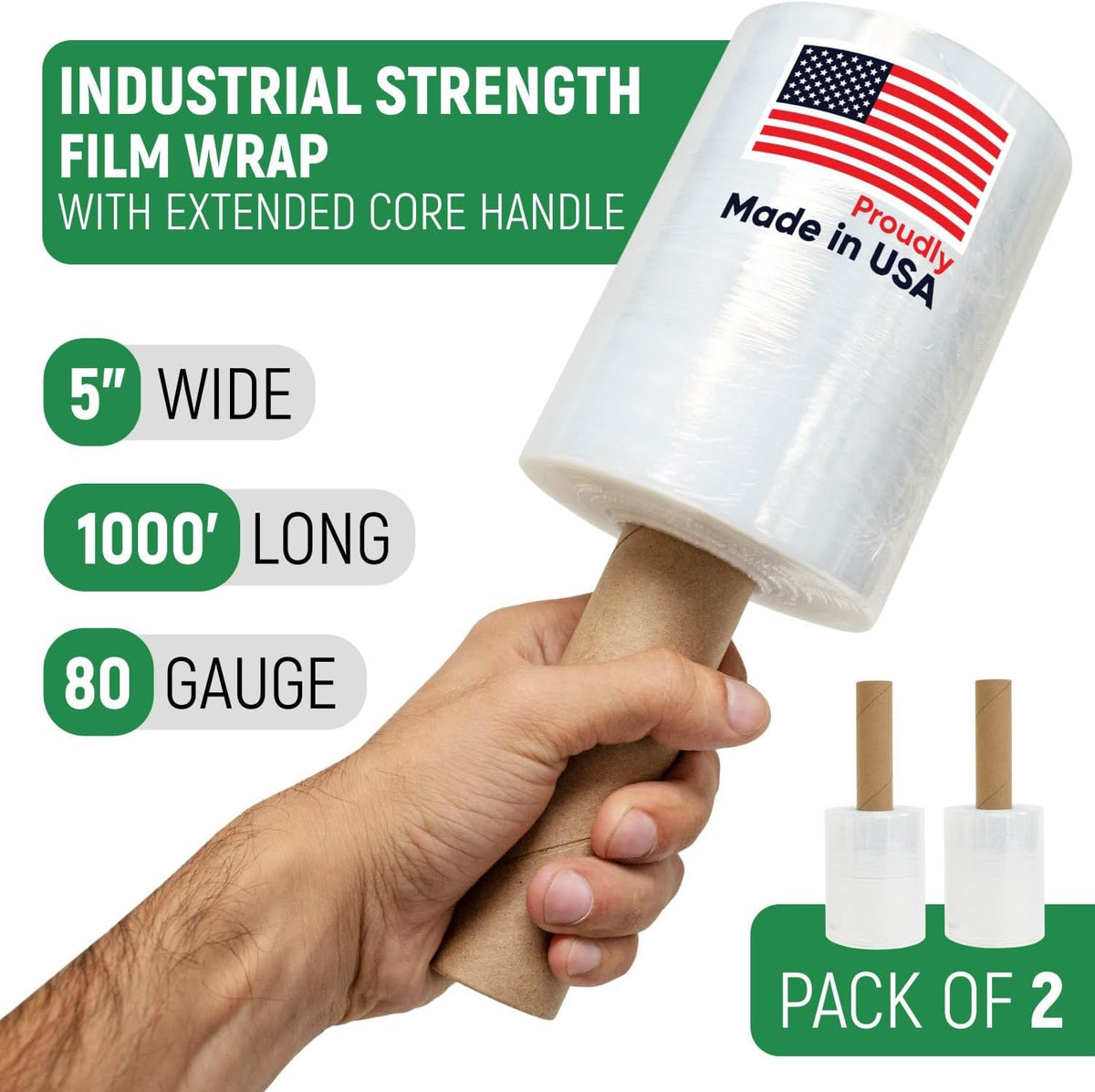 5" x 1000' Industrial Strength Stretch Wrap with Extended Handle, Pack of 2