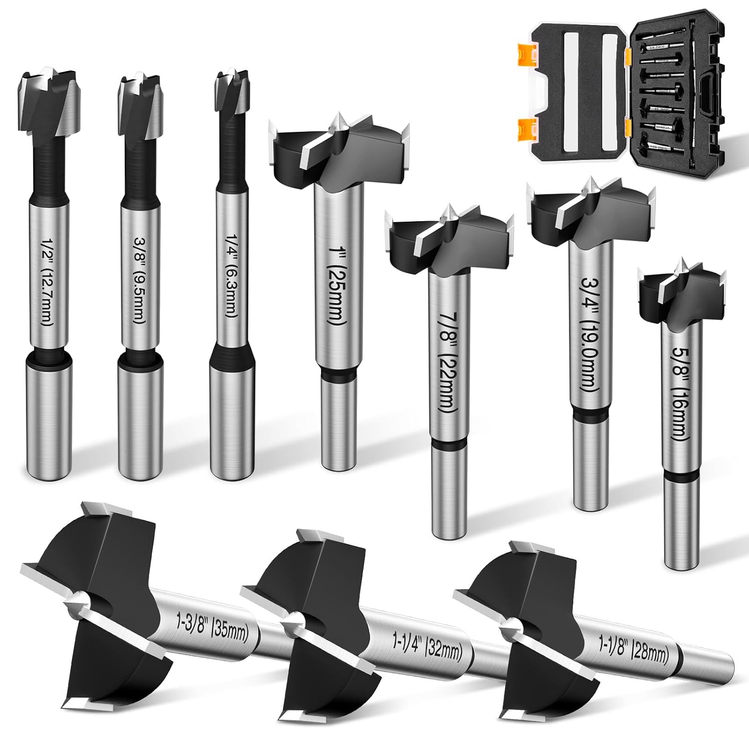 10Pcs Forstner Drill Bit Set for Woodworking & Hole Drilling | Round shank auger hole cutter for hardwood, softwood
