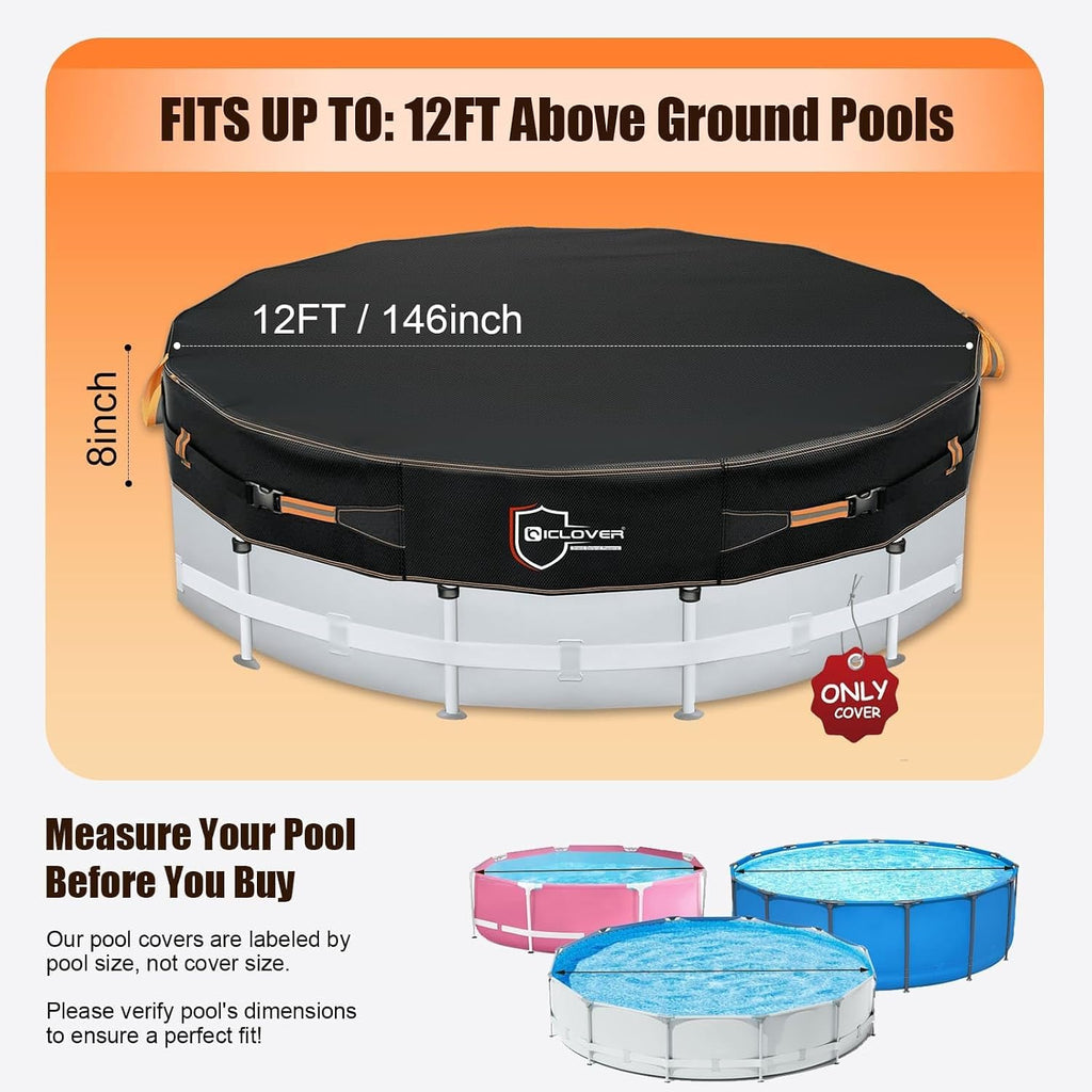 12 Ft Round Pool Covers for Above Ground Pools, 500D Heavy Duty Solar Pool Cover Waterproof Protector Tarp with 12