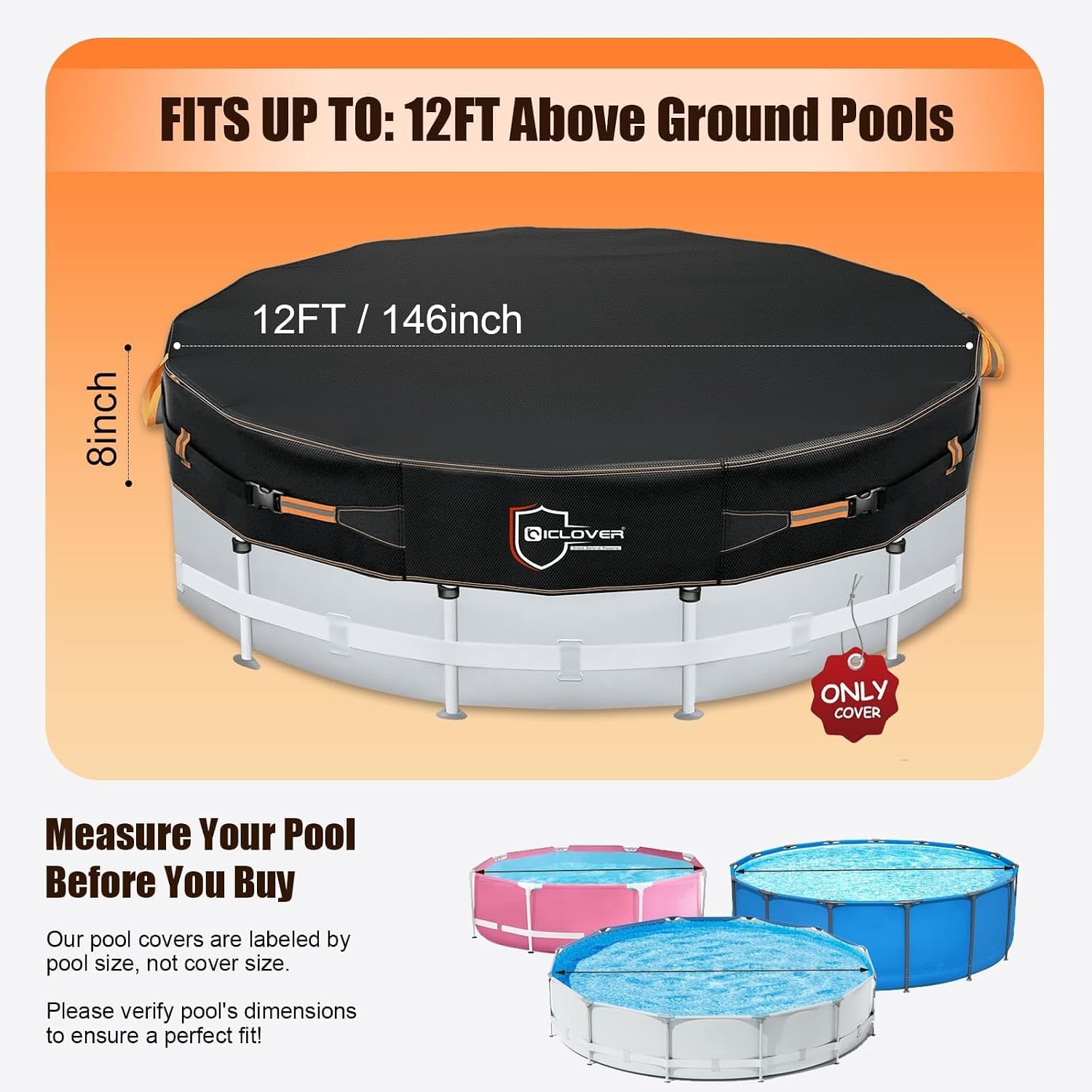 12 Ft Round Pool Covers for Above Ground Pools, 500D Heavy Duty Solar Pool Cover Waterproof Protector Tarp with 12