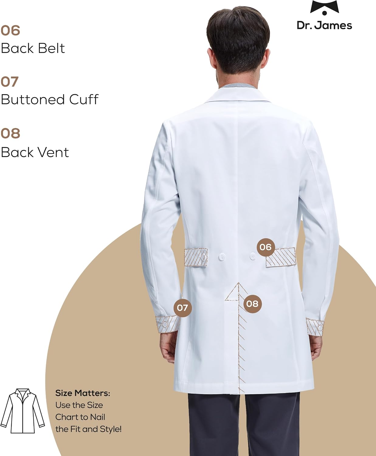 Men’s Lab Coat – White Medical Coat, Slim Tailored Fit, Consultation Length 36”, OEKO-TEX Certified