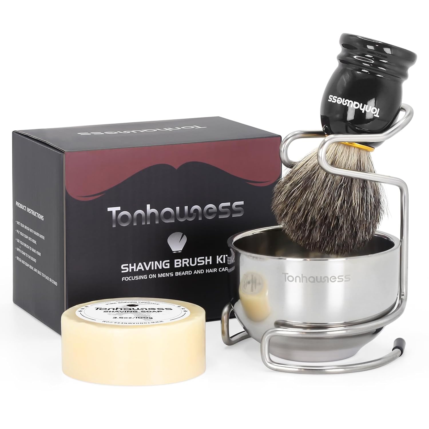 Shaving Brush Kit for Men, 4 in 1 Shaving Brushes Set Includes Badger Hair Shave Brush, Stainless Steel Shaving
