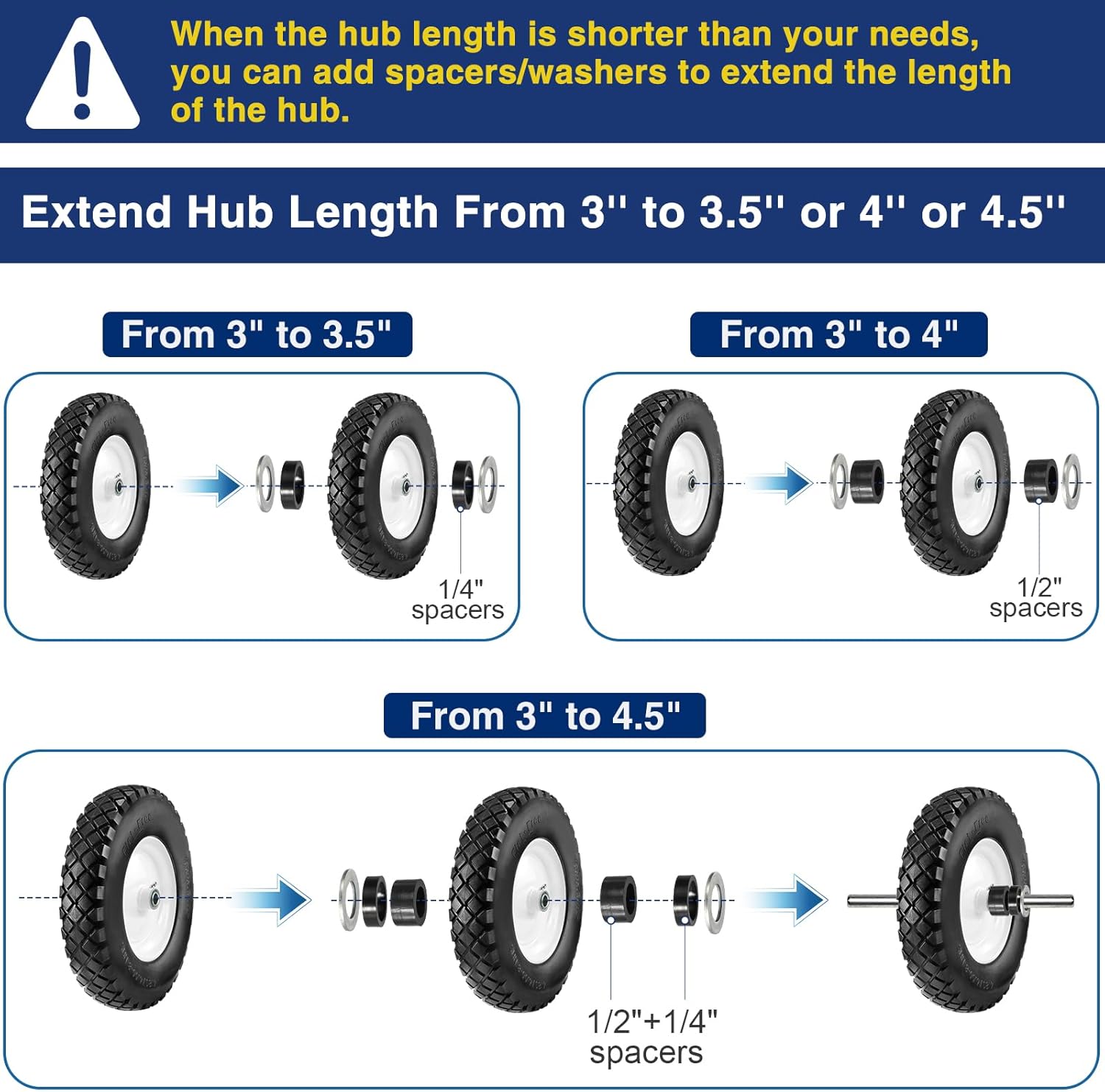 4.80 4.00-8 Flat-Free Wheelbarrow Tire, 4.80/4.00-8 Tire and Wheel w/Grease Fitting, 3" Centered Hub, 3/4" Bearings