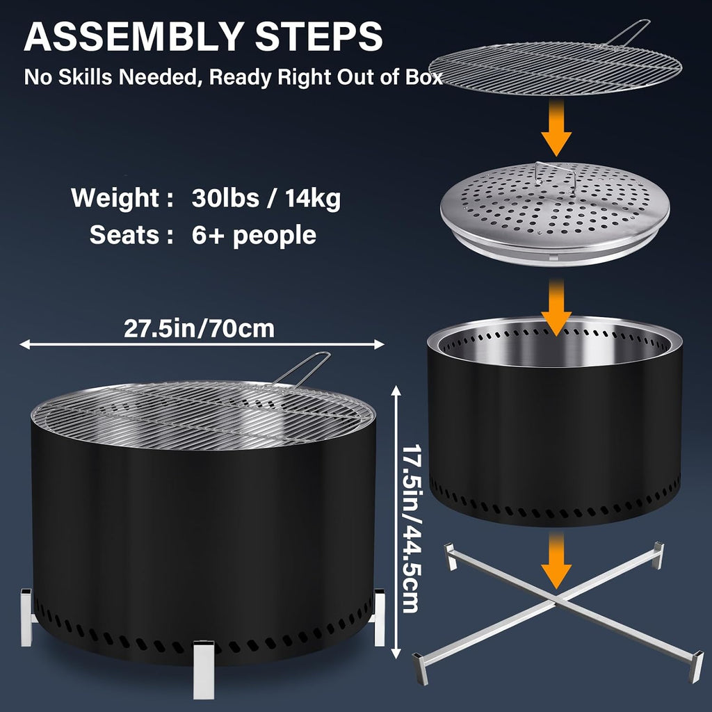 28" Smokeless Firepit with Stand & Grill Rack, Large Stainless Steel Wood Burning Fire Pit for Gatherings, Secondary
