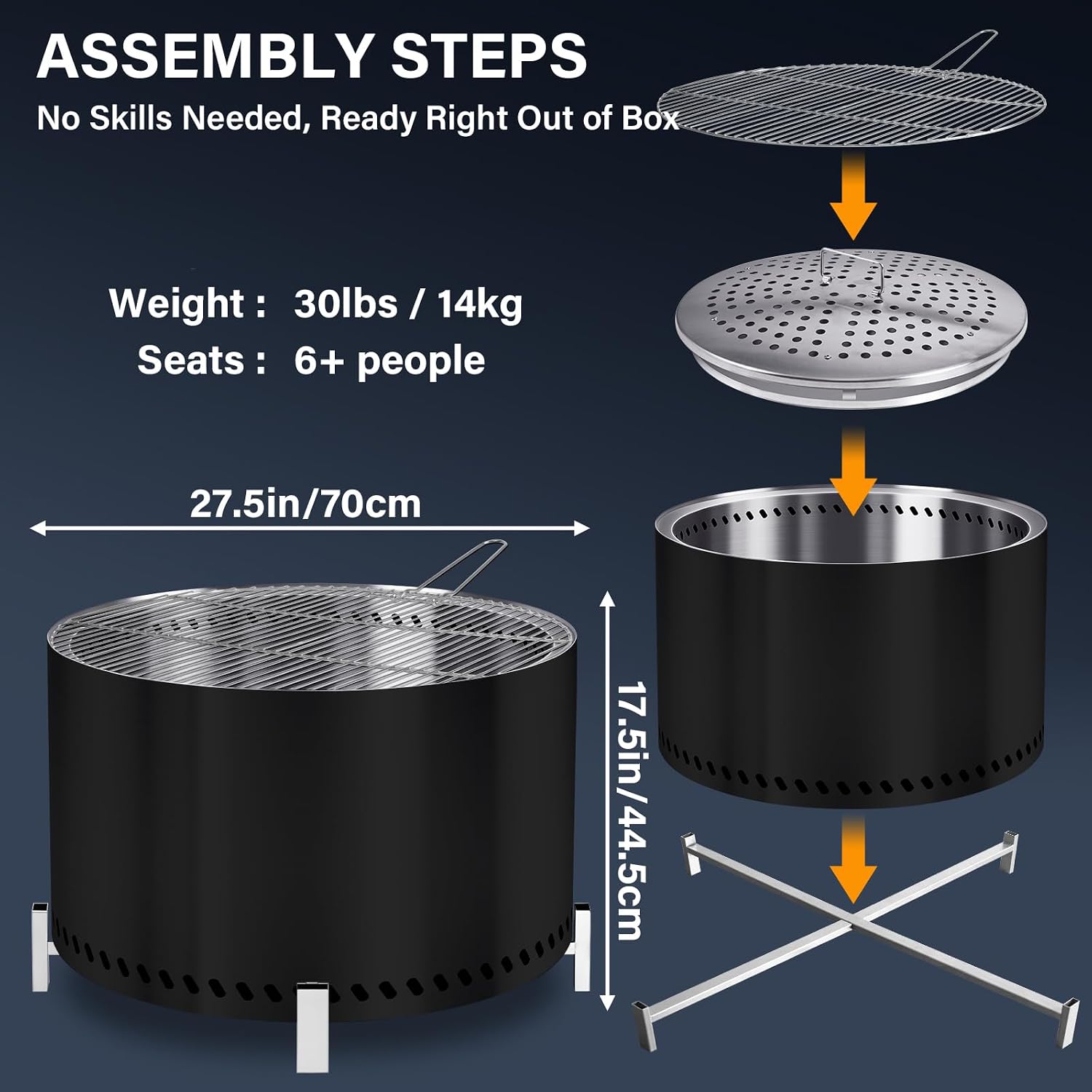 28" Smokeless Firepit with Stand & Grill Rack, Large Stainless Steel Wood Burning Fire Pit for Gatherings, Secondary