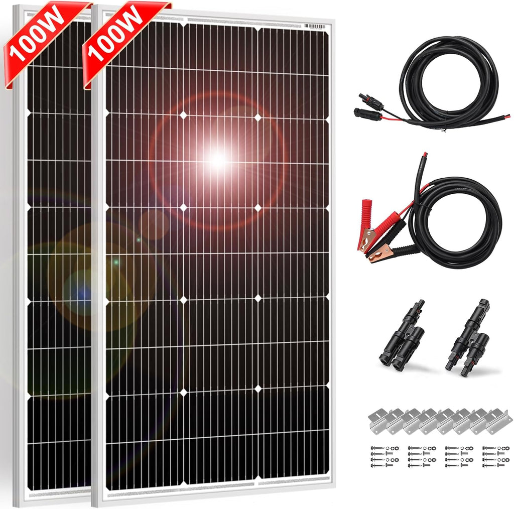 200W Solar Panel Kit, 2-Pack of 100W, Brackets and 5 m Cable | Includes two 100W panels, mounting brackets, battery