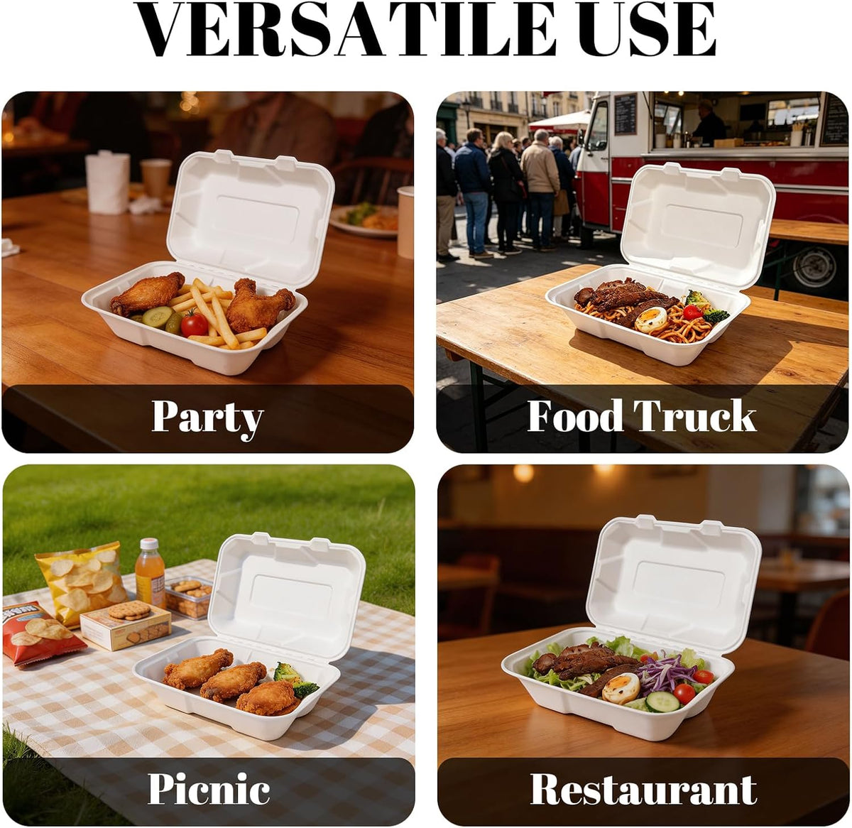 100 Pack 9×6 Inch White Compostable Bagasse Takeout Food Containers