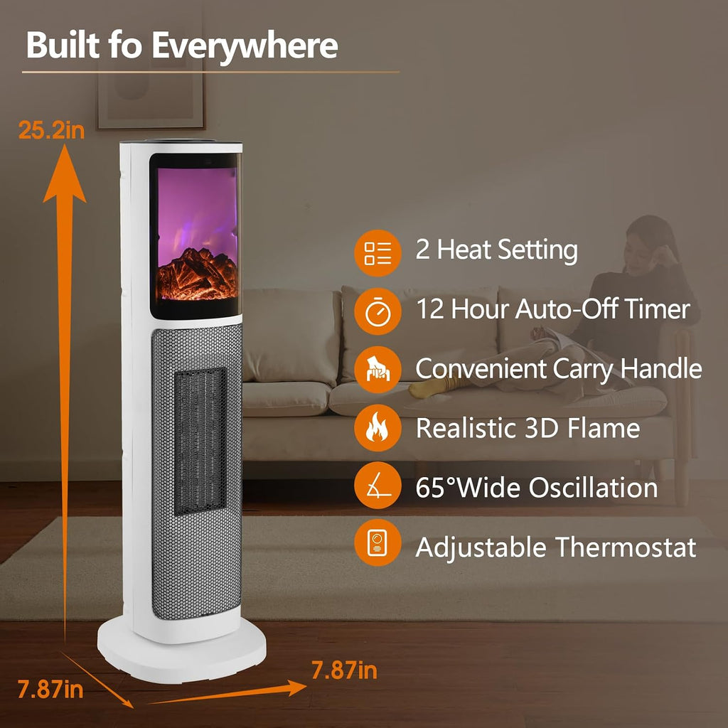 750W/1500W Ceramic Tower Space Heater with 3D Flame, Electric Heater with 65° Oscillation, Adjustable Thermostat and