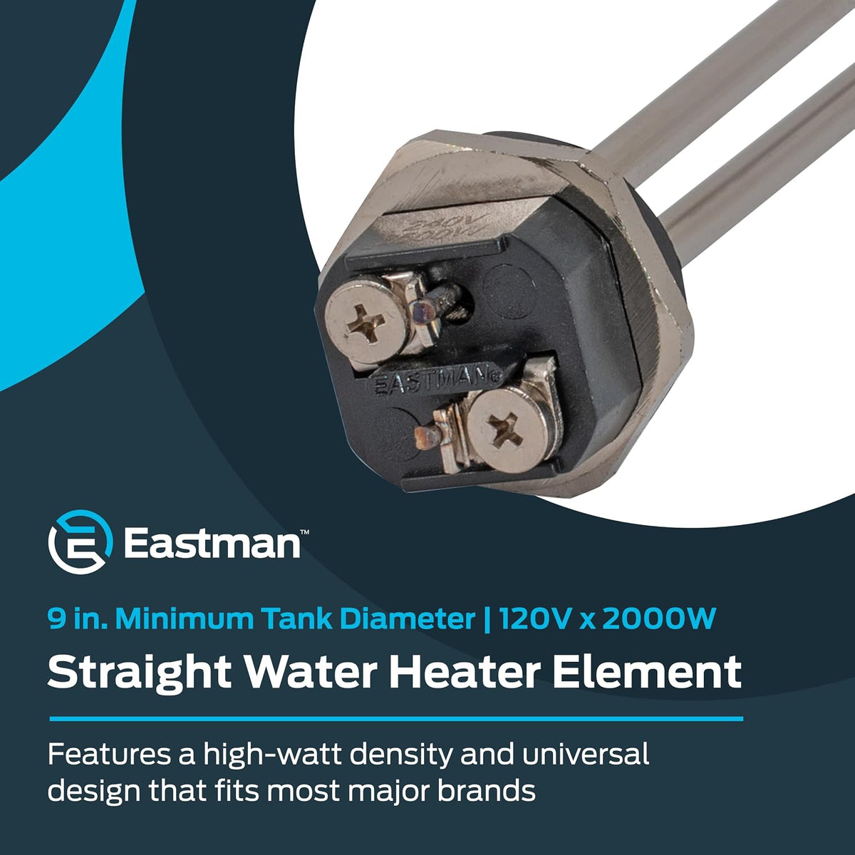 Eastman 120V x 2000W Straight Electric Water Heater Element High Watt Density, Hot Water Heating Element with Copper Sheath, Screw Mount & Gasket, 60124N