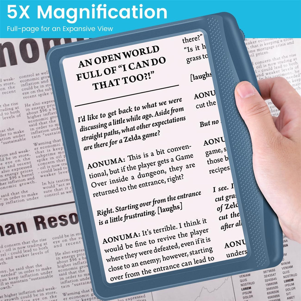 Rechargeable 5X Magnifying Glass for Reading, Large Bright Full Page Magnifier with Light, Handheld LED Dimmable