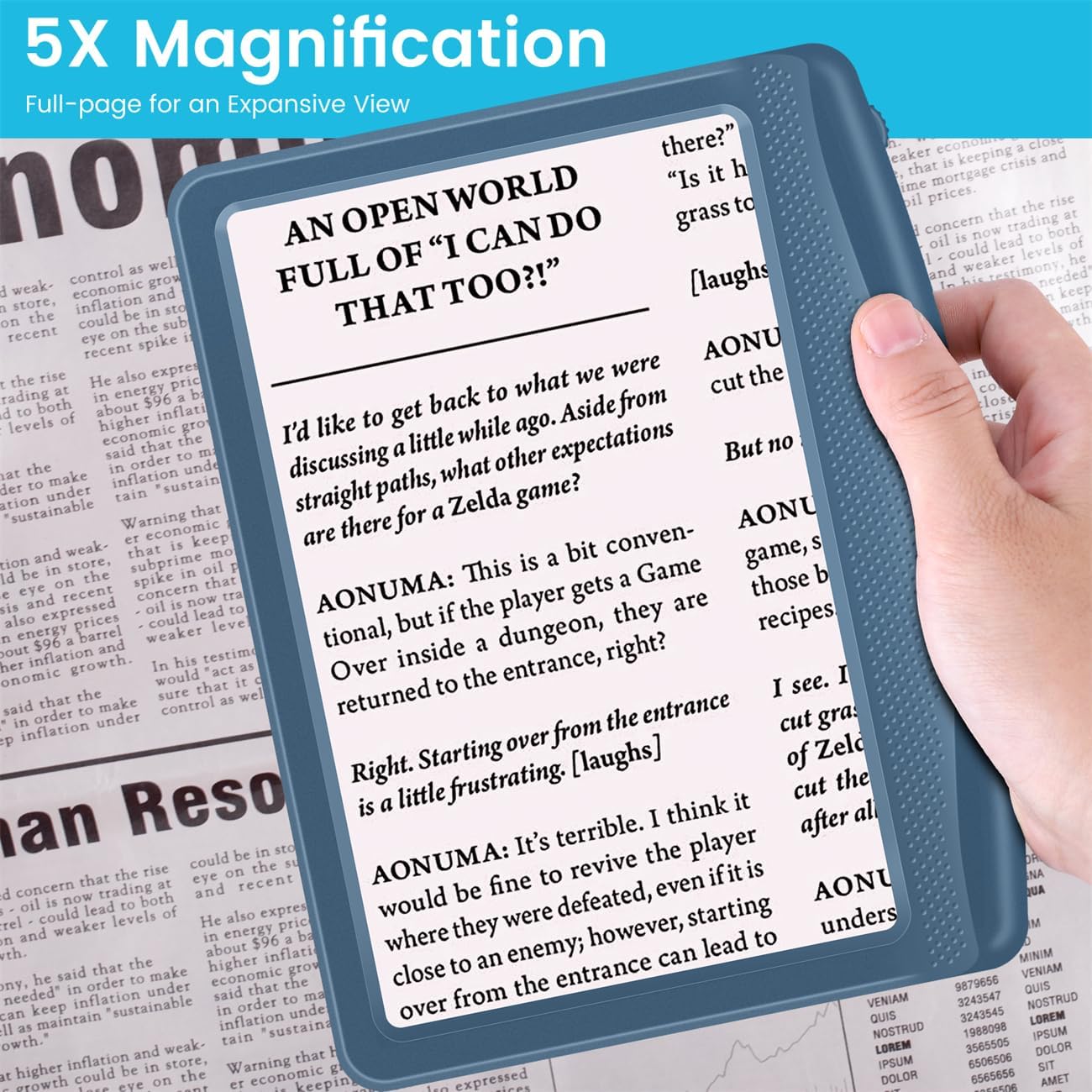Rechargeable 5X Magnifying Glass for Reading, Large Bright Full Page Magnifier with Light, Handheld LED Dimmable