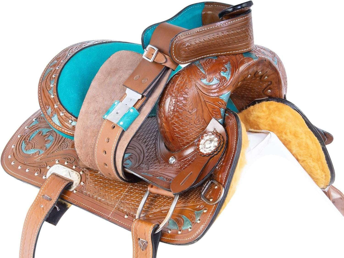 Western Leather Barrel Saddle Floral Embossed Tooled Trail Rodeo Horse Saddle with Matching Headstall, Reins and