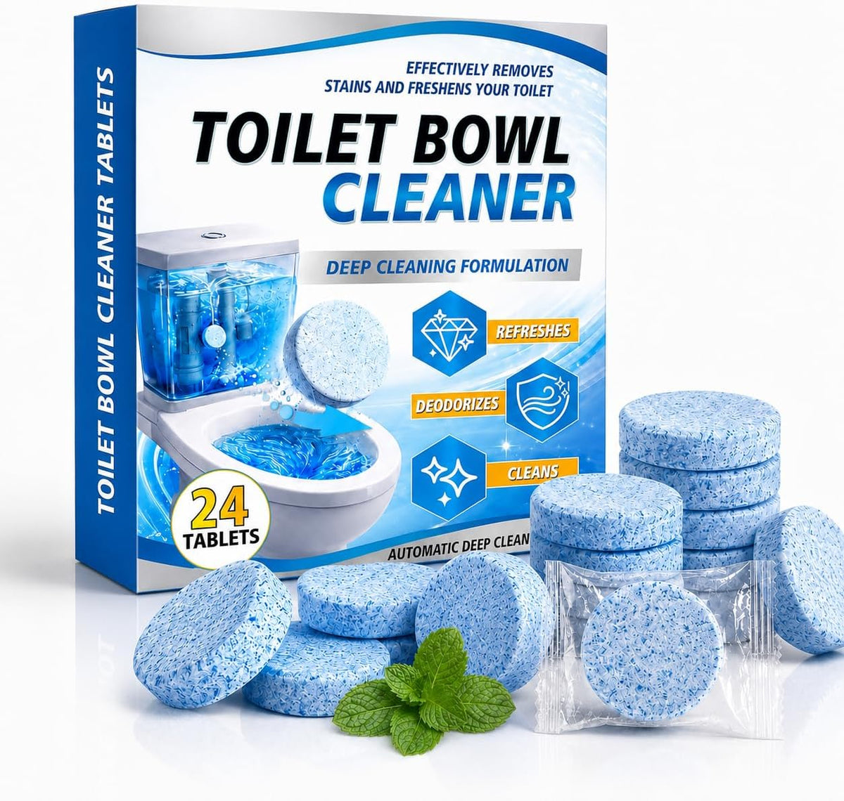 Toilet Bowl Cleaner Tablets 24 Pack, Drop-In Toilet Bowl Deodorizer Tabs, Helps Remove Stains, Limescale & Odor