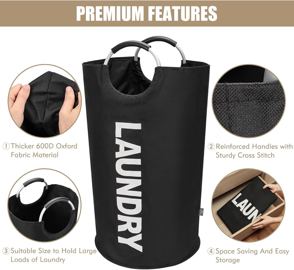 90L Large Laundry Basket Bag, Collapsible Tall Hamper, Black | Freestanding tall washing bin & foldable laundry bag.