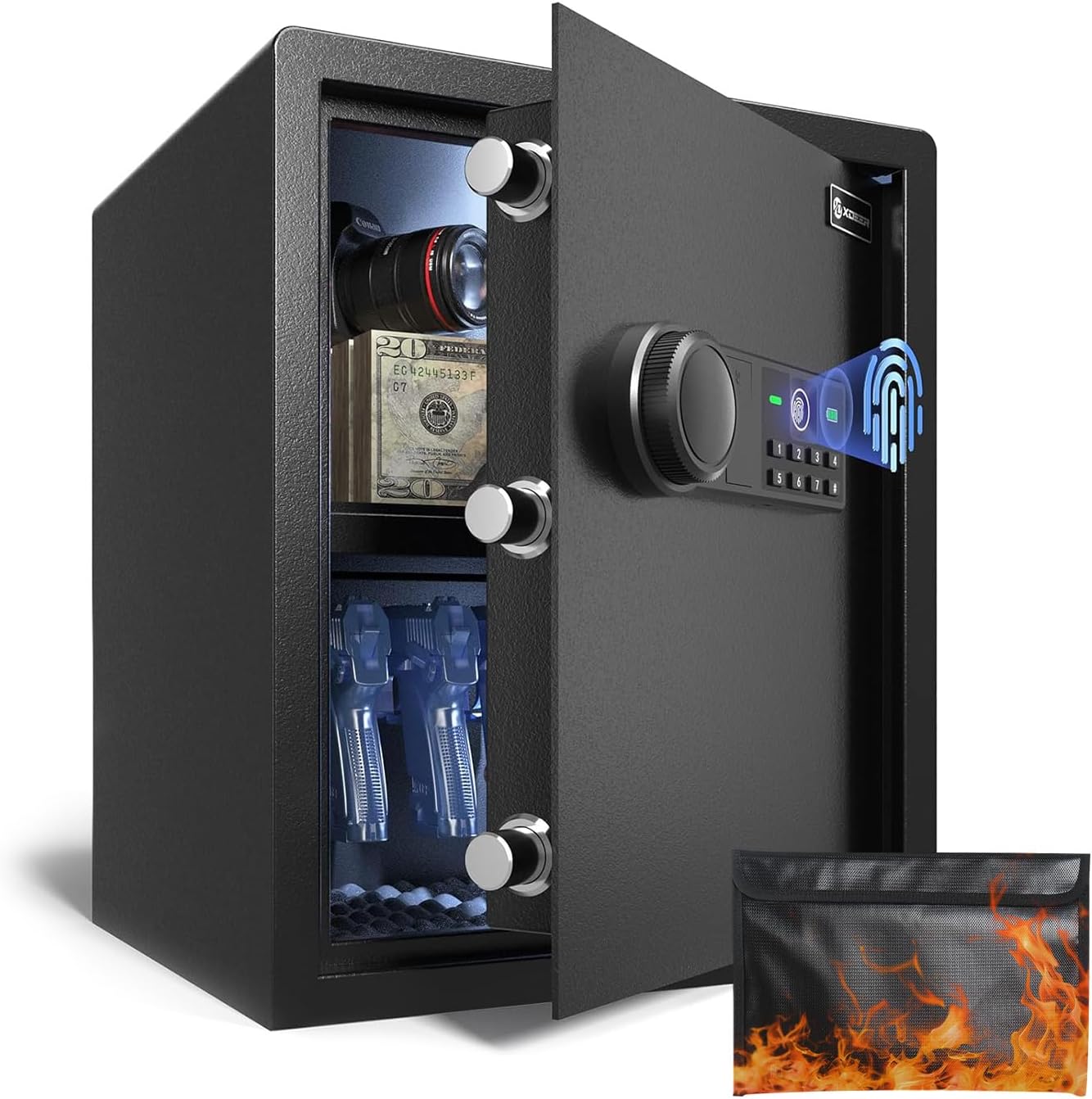1.69 CuFt Biometric Safe with Fireproof Bag, Home Safe for 4 Pistols | Fingerprint Safe Box with Backlit Keypad & LED