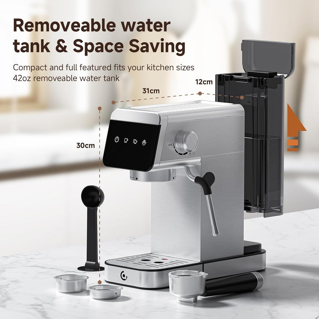 Espresso Machine 20 Bar, Compact Coffee Maker with LED Touch Screen & Milk Frother, Brushed Stainless Steel Housing