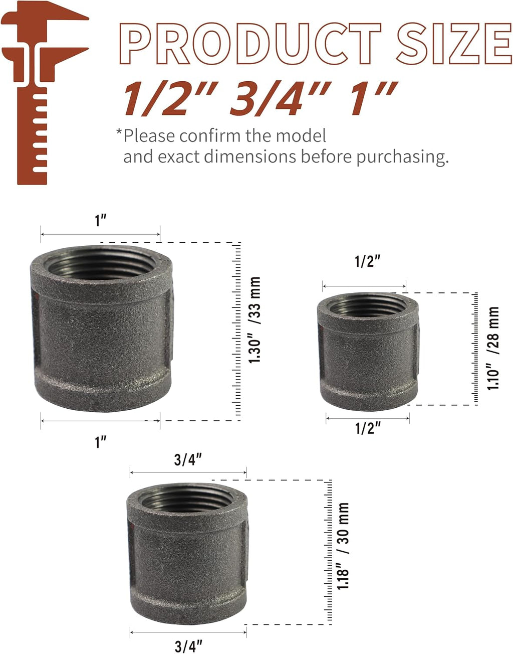 Black Cast Iron 1" Pipe Fitting Coupling, DIY Pipe Decor and Furniture(4 Pack)