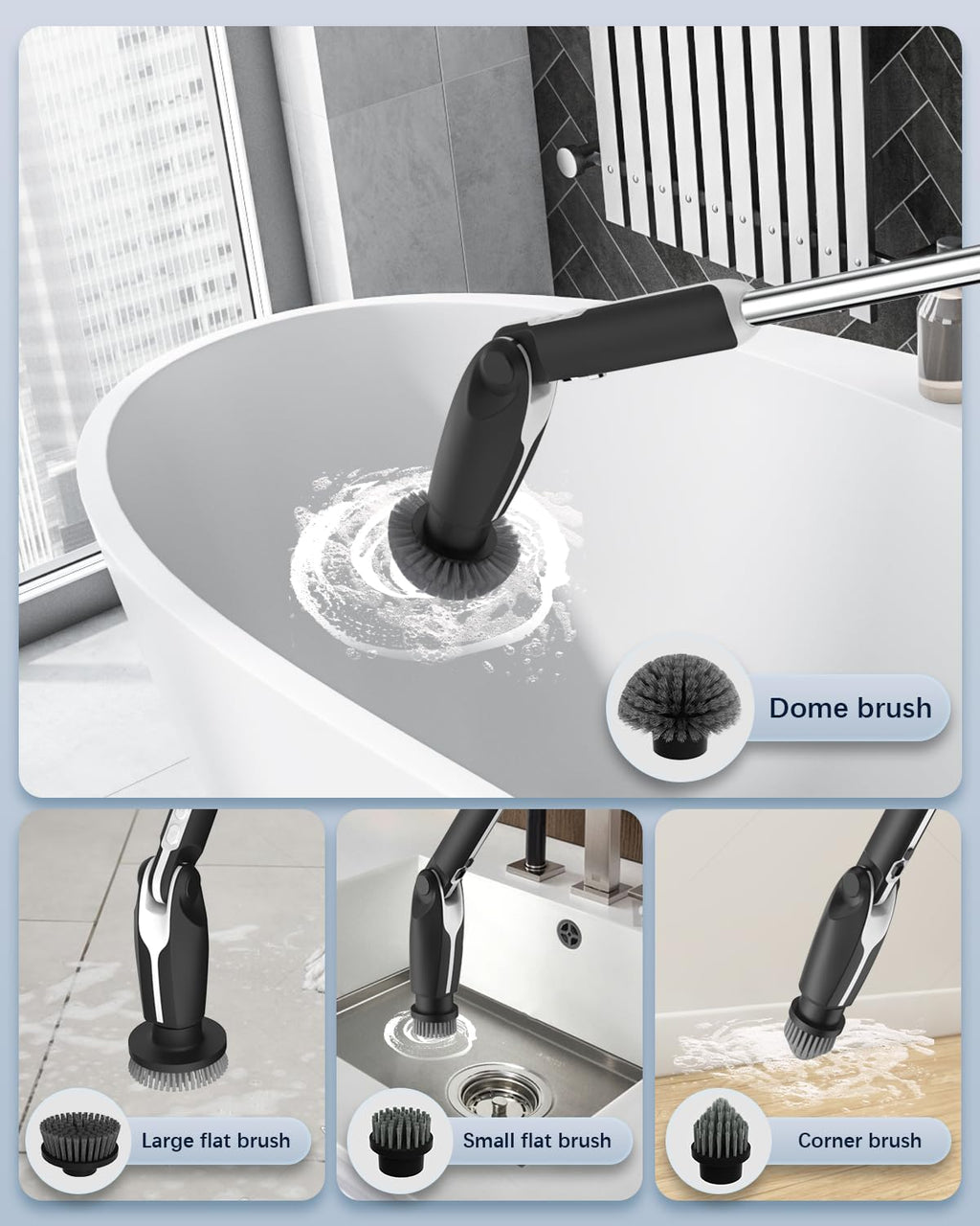 Electric Spin Scrubber, Shower Scrubber with 4 Adjustable Angles and 8 Brush Heads, Electric Scrubber with Long