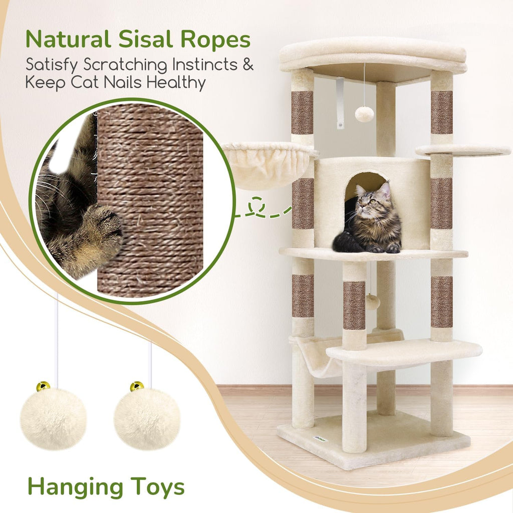 Corner Cat Tree, 51in Curved Series Modern Cat Tower for Indoor Cats with Hammock, 7 Sisal Scratching Posts, Large