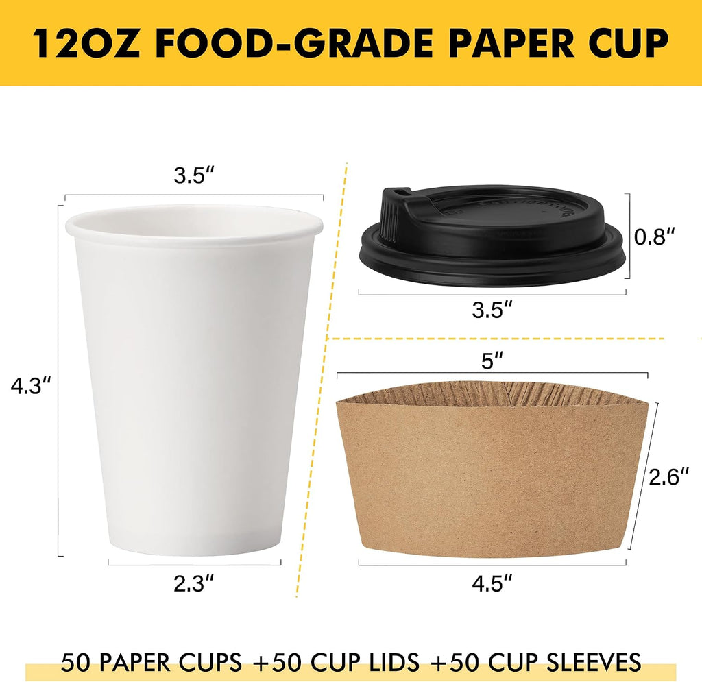 12 oz 50 pack Disposable Paper Coffee Cups with Lids and Sleeves
