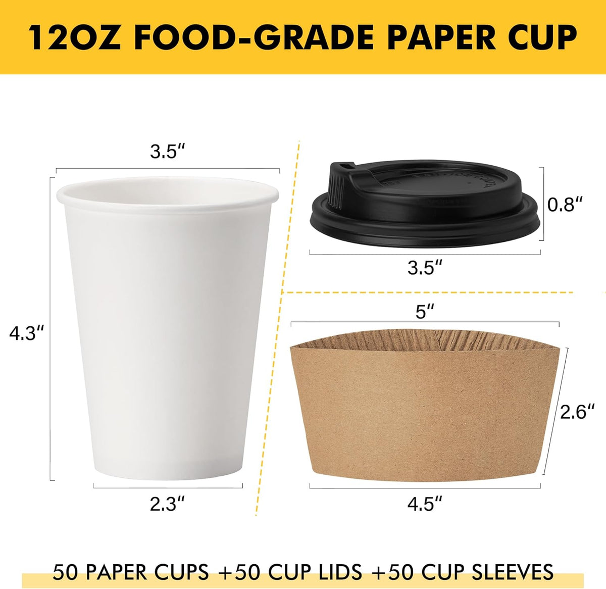 12 oz 50 pack Disposable Paper Coffee Cups with Lids and Sleeves