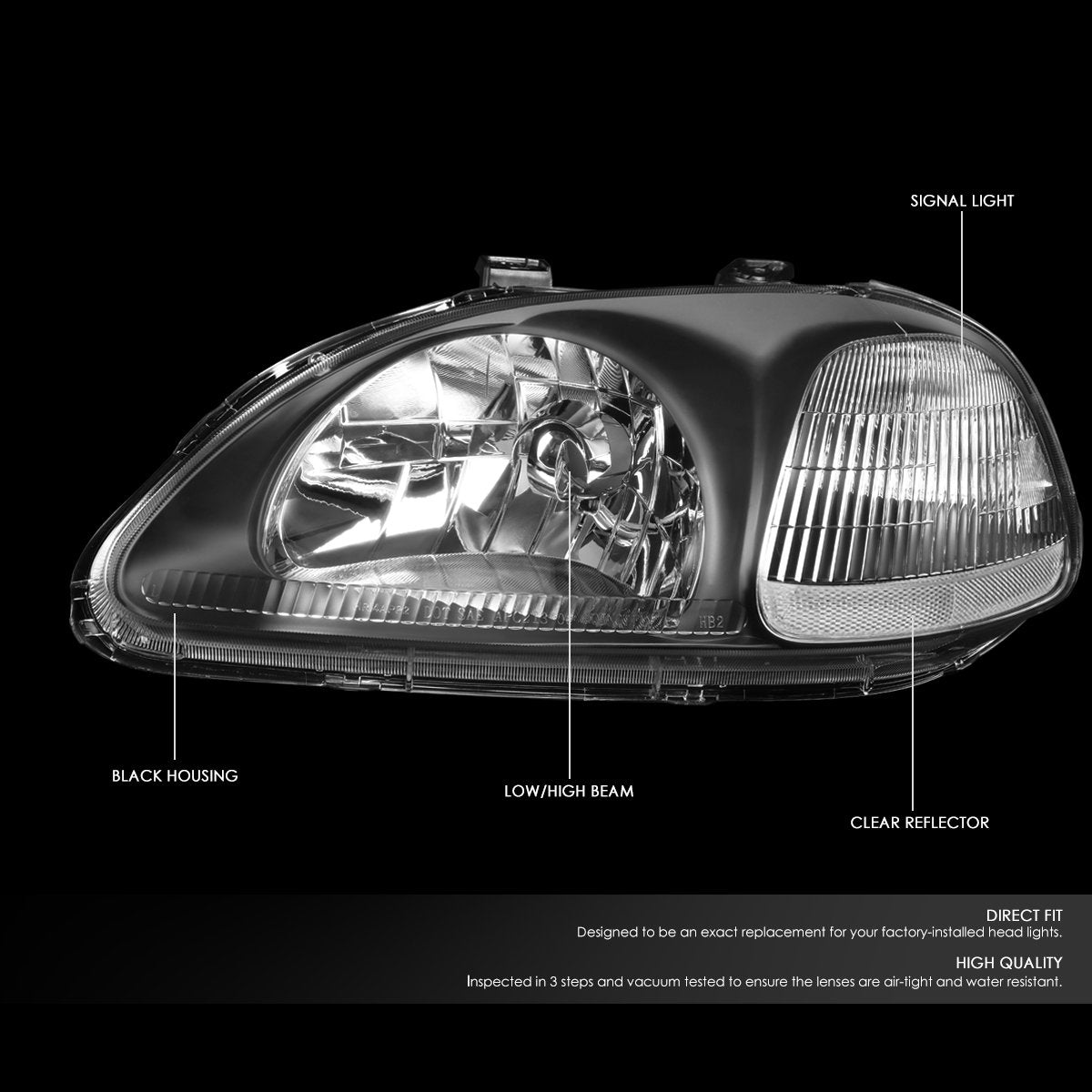 Pair Headlight Assembly Compatible With 1996-1998 Honda Civic, Black/Clear, HL-OH-HC96-BK-CL1