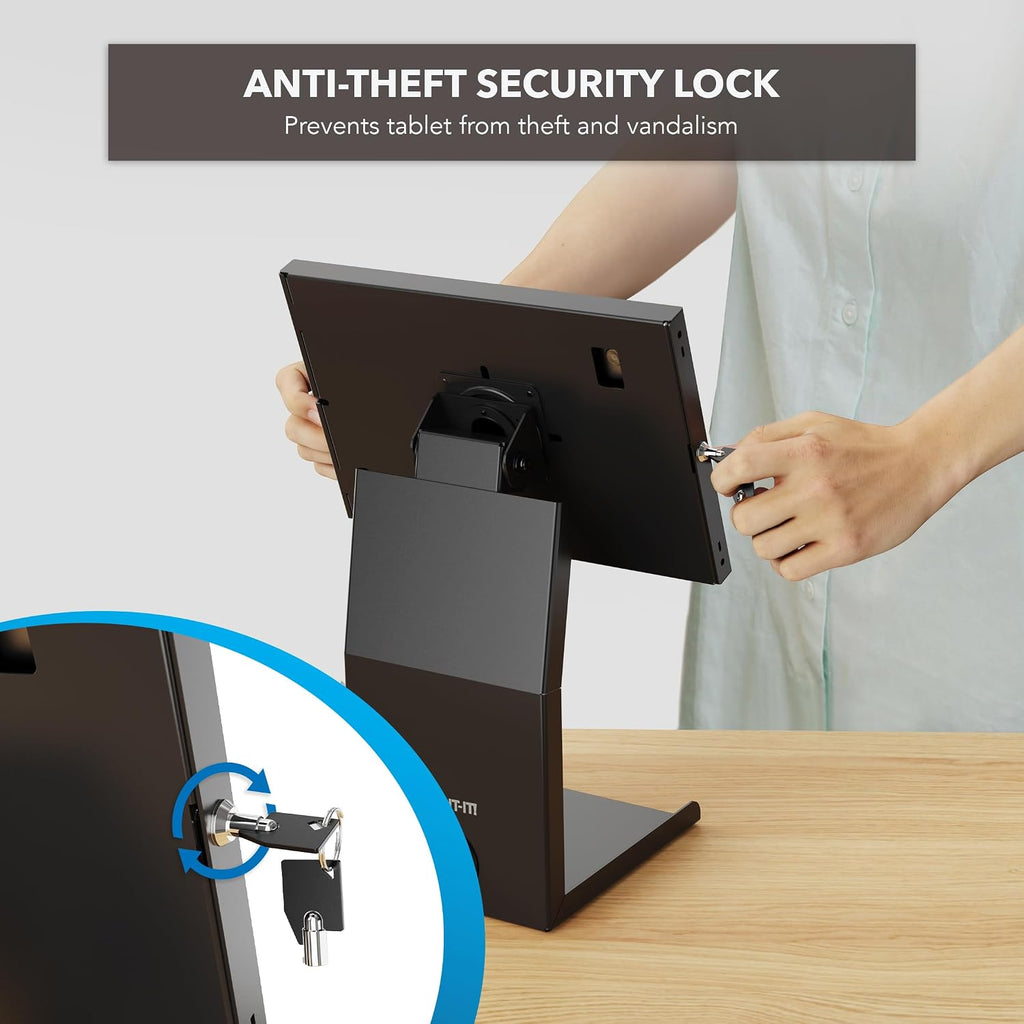 iPad Kiosk Stand with Printer Shelf, Locking Anti-Theft, Black | Tablet POS Stand for Countertop Checkout, 90°