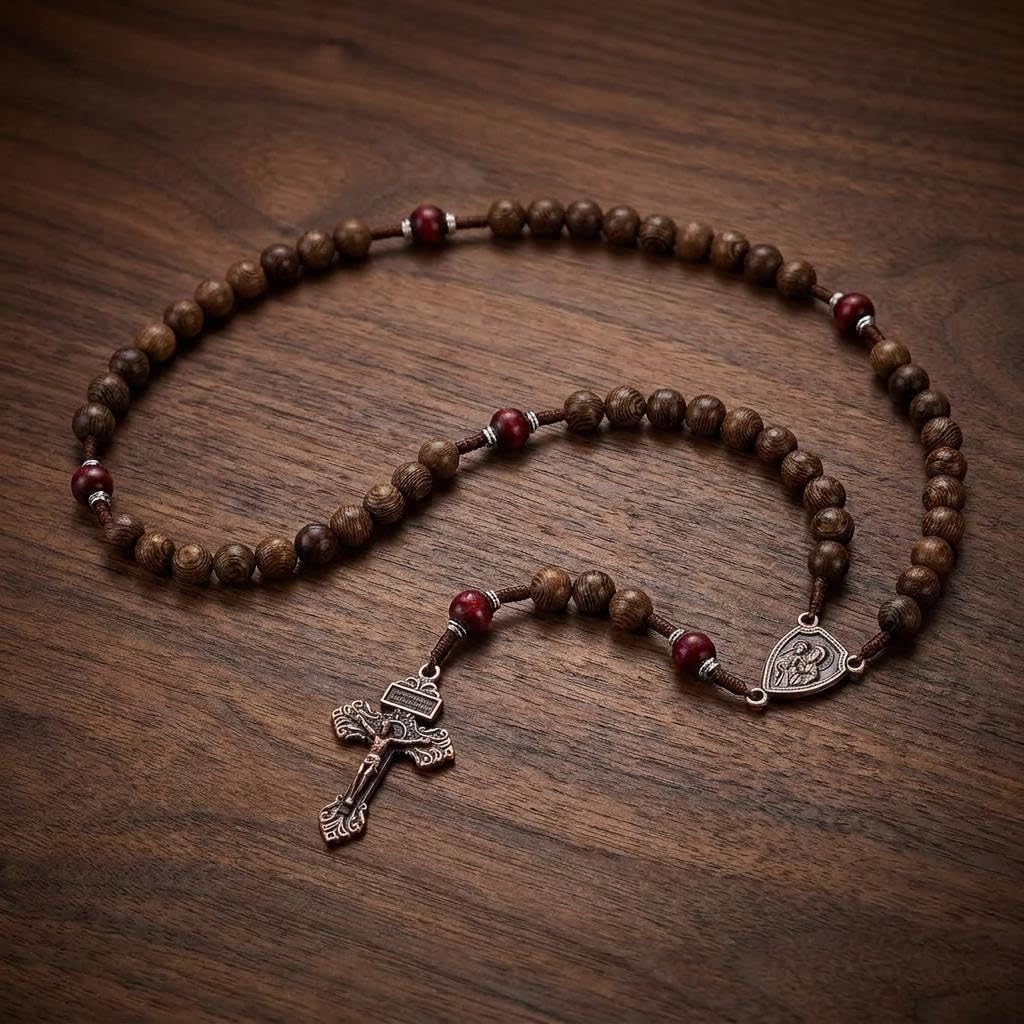 Nazareth Store Handcrafted Wooden Catholic Rosary Necklace with Antique Medal & Crucifix Cross Christian Prayer Beads