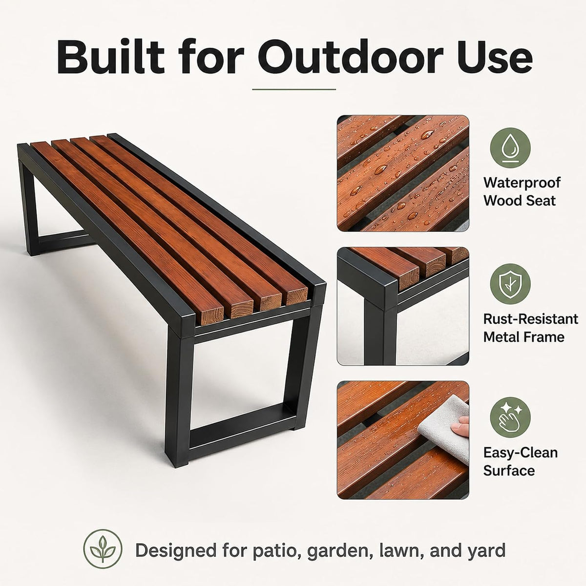 Outdoor Bench, Mid-Century Metal Park Bench, Outdoor Patio Park Benches with Waterproof Wood Seating, for Patio