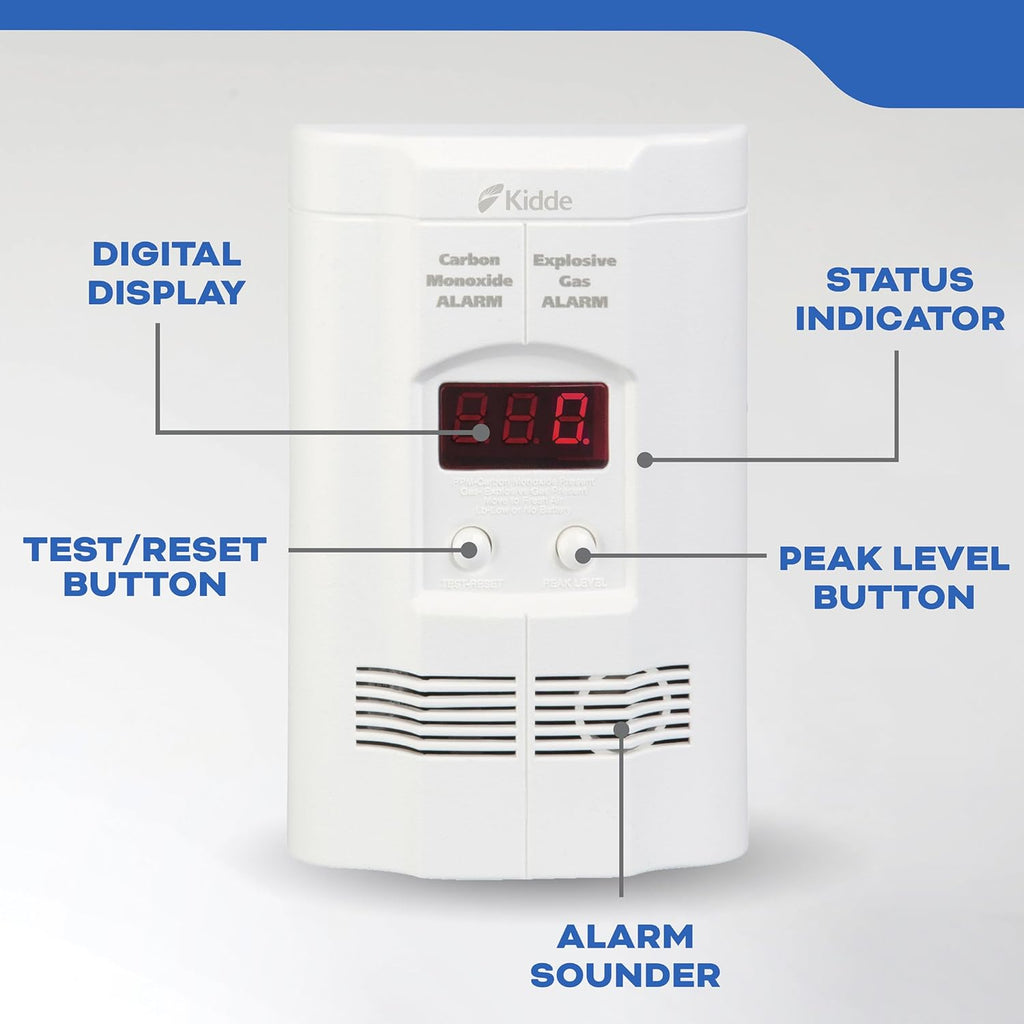 Carbon Monoxide + Explosive Gas, Natural Gas & Propane Alarm, Plug-in with 9V Battery Backup, Digital Display, 85 dB