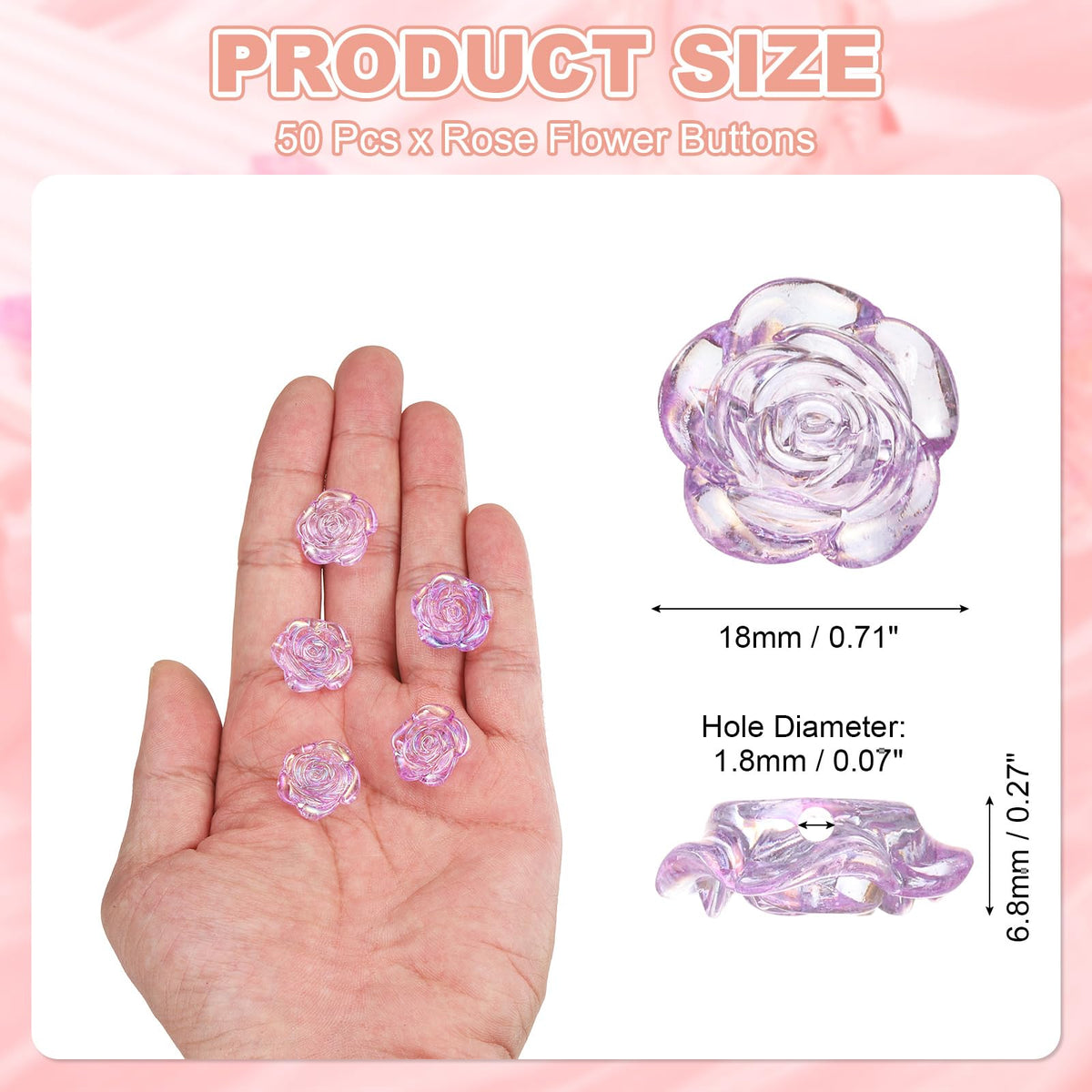 Rose Flower Buttons,ABS Flat Back 18mm,Light Purple AB 50Pcs