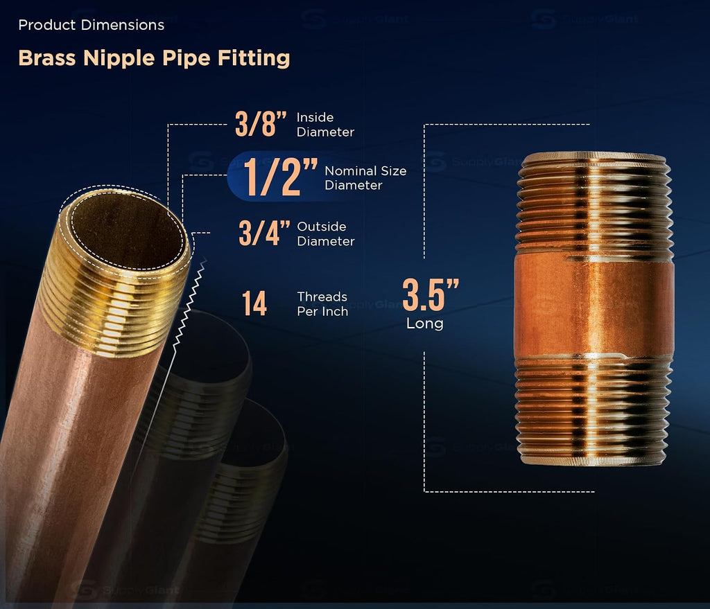 Supply Giant 3-1/2 inch Long Brass Nipple Pipe Fitting with 1/2" Nominal Diameter and NPT Ends