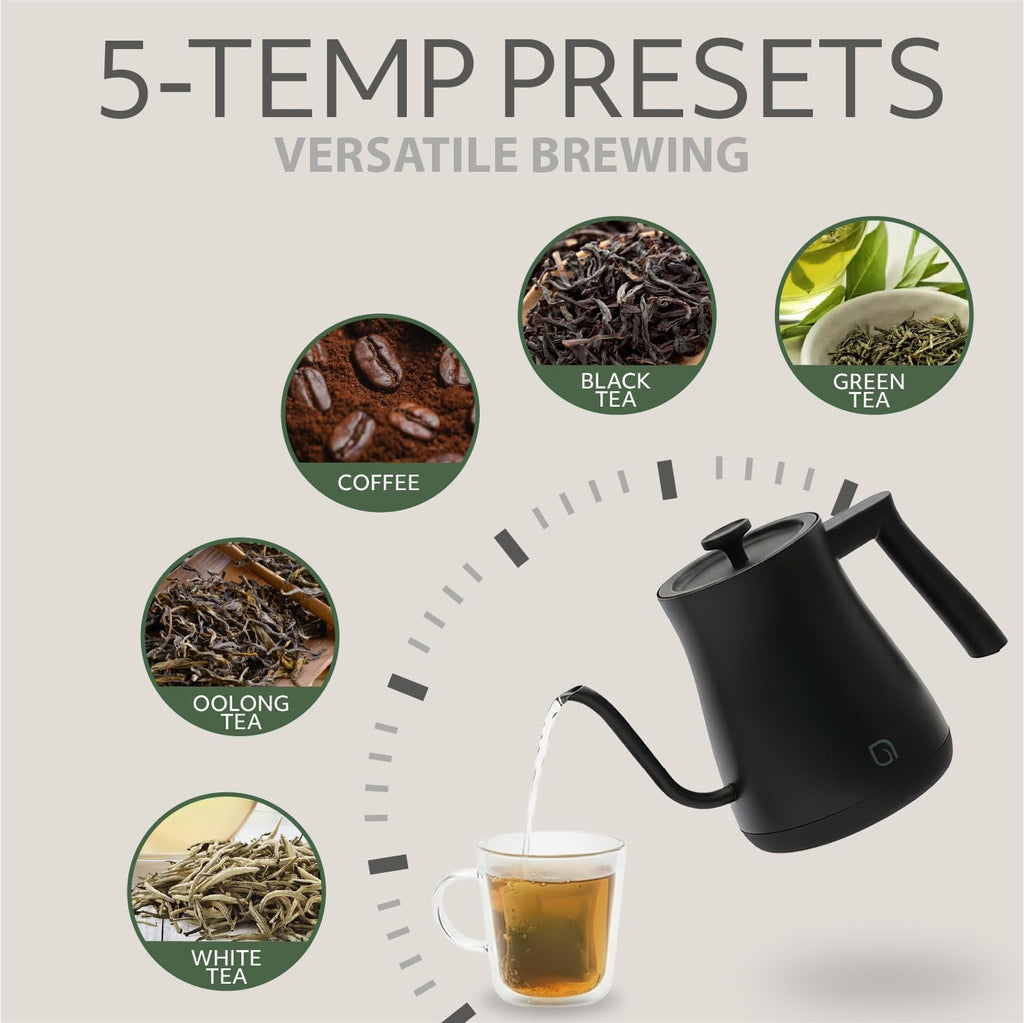ECO SERIES Gooseneck Electric Kettle with 5 Temperature Presets and Keep Warm Feature, 0.8L Pour Over Kettle for
