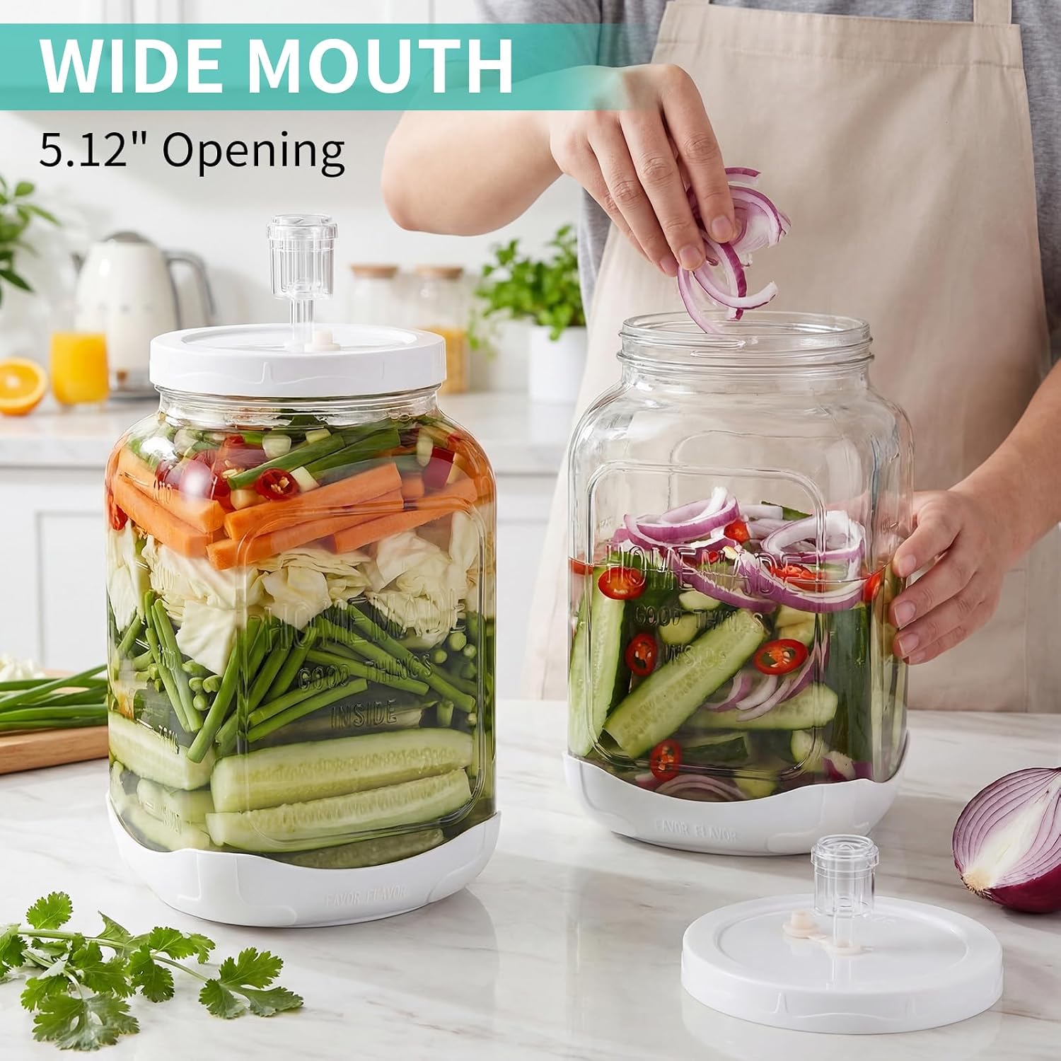 2P Glass Fermentation Jar: 1.5 Gallon Container w/Airlock Lid | 5.12in Wide Mouth Mason Jar-Non slip Base-Scale