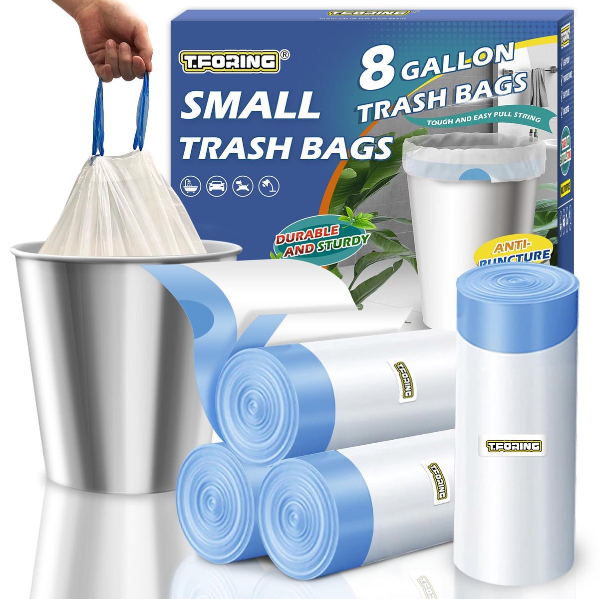 Medium 8 Gallon Trash Bags Drawstring,1.2 Mil,Unscented,100 Count