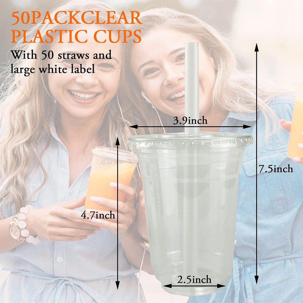 Iced Coffee Cups with Lids Straws, 50 Sets 16oz Plastic Boba Cups