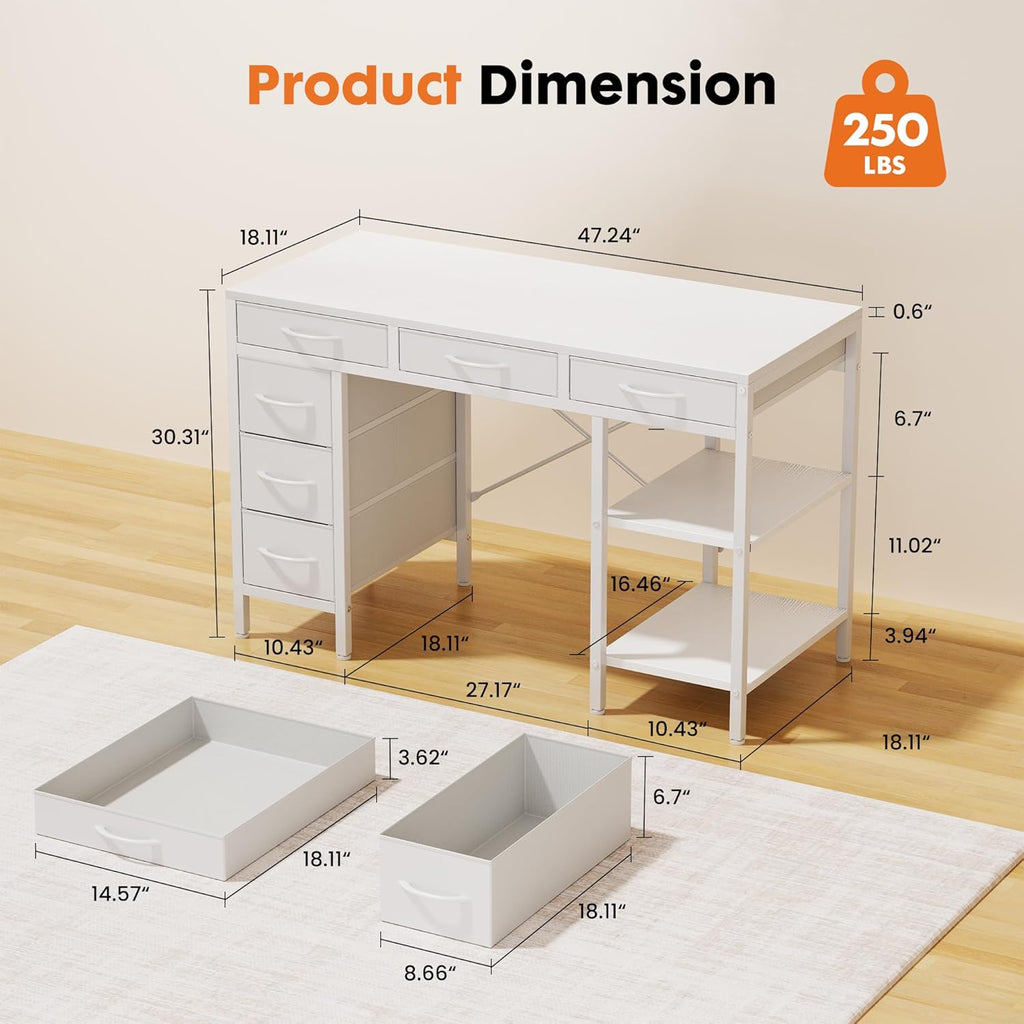 47" Computer Desk with 6 Drawers, Home Office Gaming Desks with Storage Shelves for Bedroom, Writing Study Corner