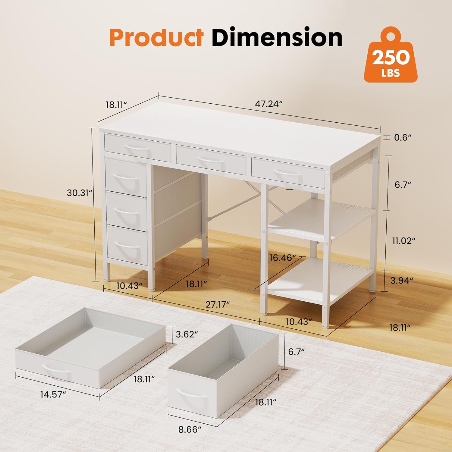 47" Computer Desk with 6 Drawers, Home Office Gaming Desks with Storage Shelves for Bedroom, Writing Study Corner