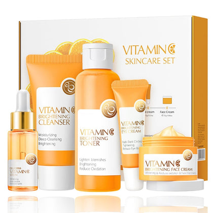Vitamin C Skincare Set, 5-In-1 Skincare Gift Set With Cleanser, Toner, Face Serum, Face Cream, And Eye Cream, Skin