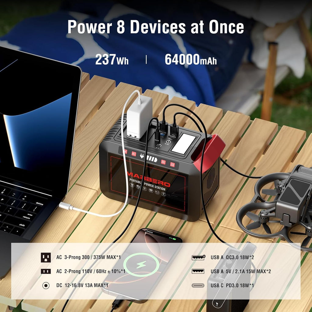 Portable Power Station 300W MARBERO 237Wh Camping Solar Generator Backup Lithium Battery with Pure Sine Wave 110V AC