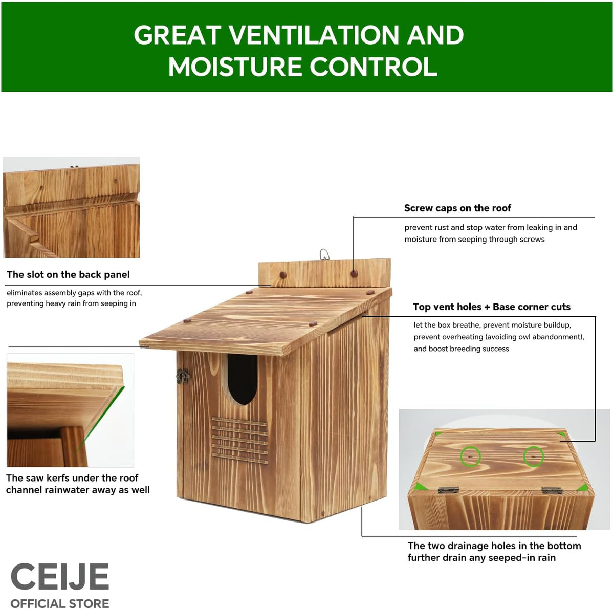 Owl Houses for Outdoors, Large Barn Owl Nesting Box, Durable Carbonized Wood for Natural Waterproofing, Assembly