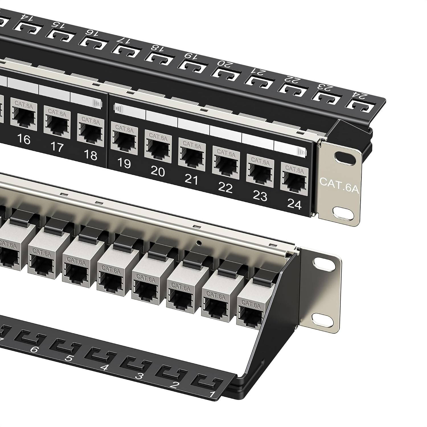 10Gbps 1U 24-Port Cat6A Ethernet Patch Panel | 19-Inch, Inline Keystone, Cable Management Bar, Rackmount or Wall